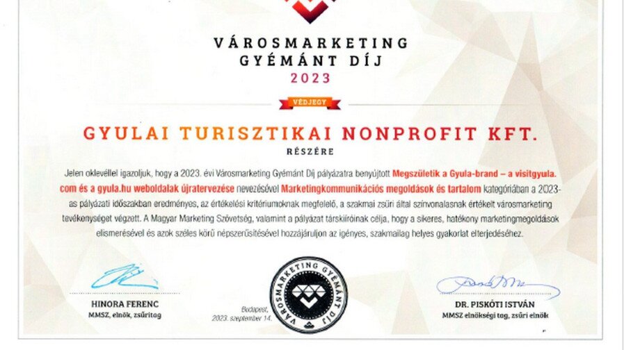 Városmarketing Gyémánt Díj 2023 - Gyula