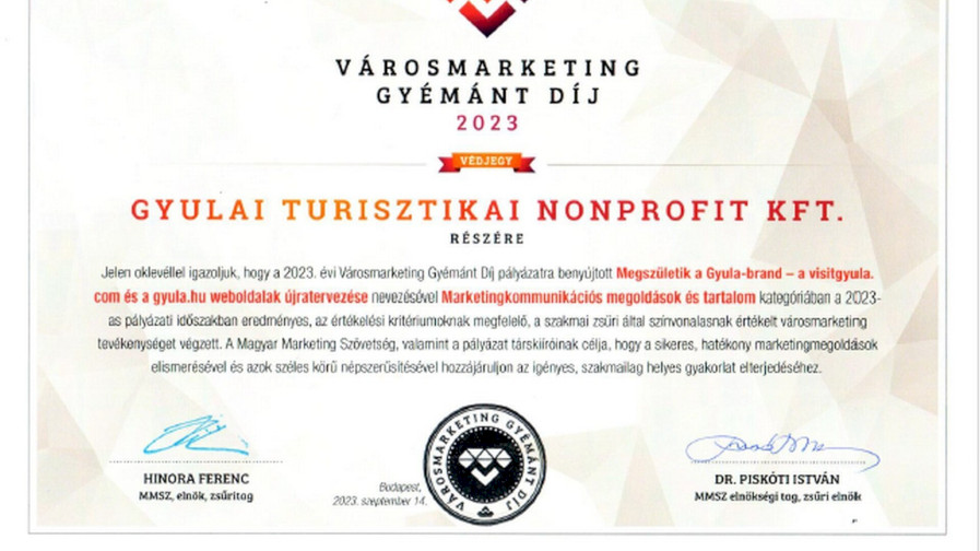 Városmarketing Gyémánt Díj 2023 - Gyula