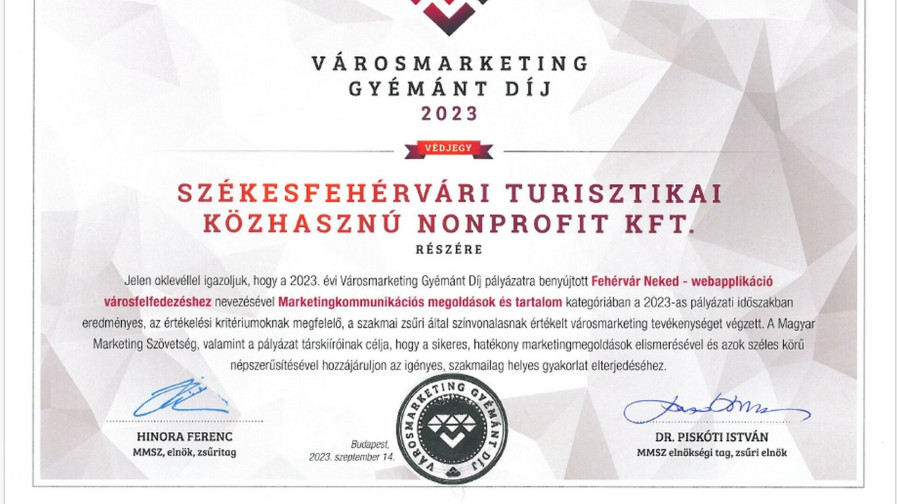 Városmarketing Gyémánt Díj 2023 - Székesfehérvár