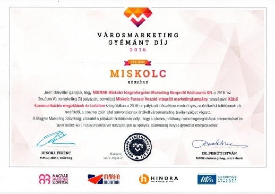 Városmarketing Gyémánt díj a Miskolc Pass turisztikai kampánynak
