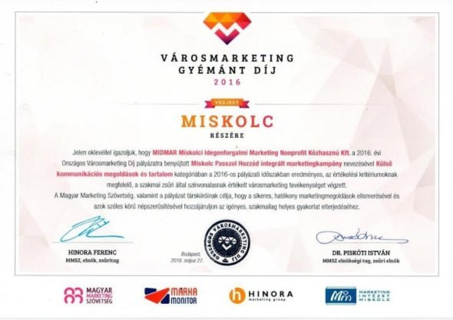 Városmarketing Gyémánt díj a Miskolc Pass turisztikai kampánynak